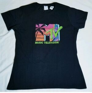 MTV Music Television Palm Tree Black T-Shirt Tee Women Large Color Graphic New